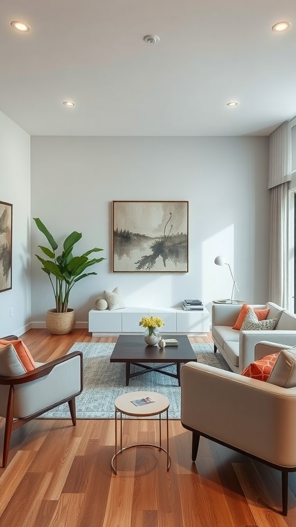 Midcentury modern living room featuring sleek furniture with clean lines, wooden flooring, and decorative elements