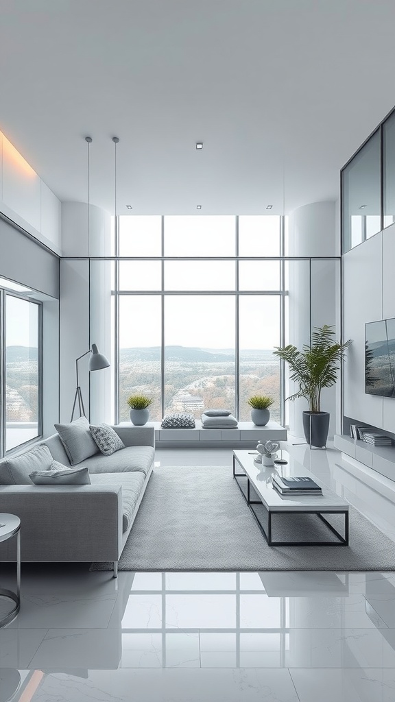 Modern living room with sleek glass panels and minimalist furniture