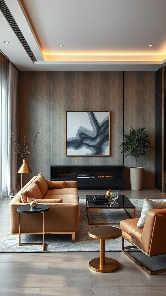 A modern living room with gold furniture, featuring a sofa, side tables, and a striking wall artwork, creating a stylish and sleek aesthetic.