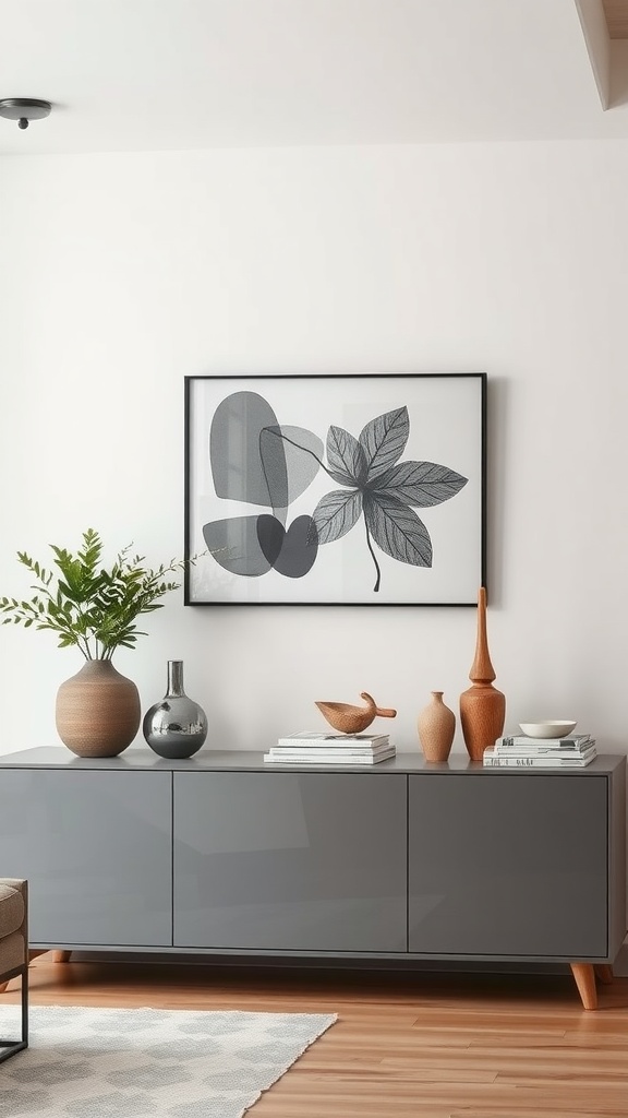 A modern gray sideboard with decorative vases and a plant, complemented by artwork on the wall.