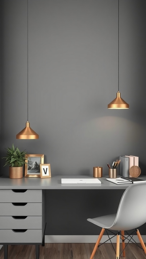 A sleek grey workspace featuring a grey desk with gold accents, including hanging lights and decorative items.