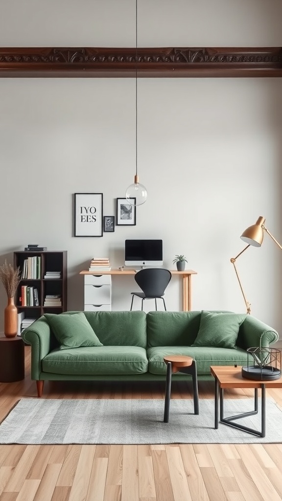 A living room with a green sofa, home office setup, and wooden flooring