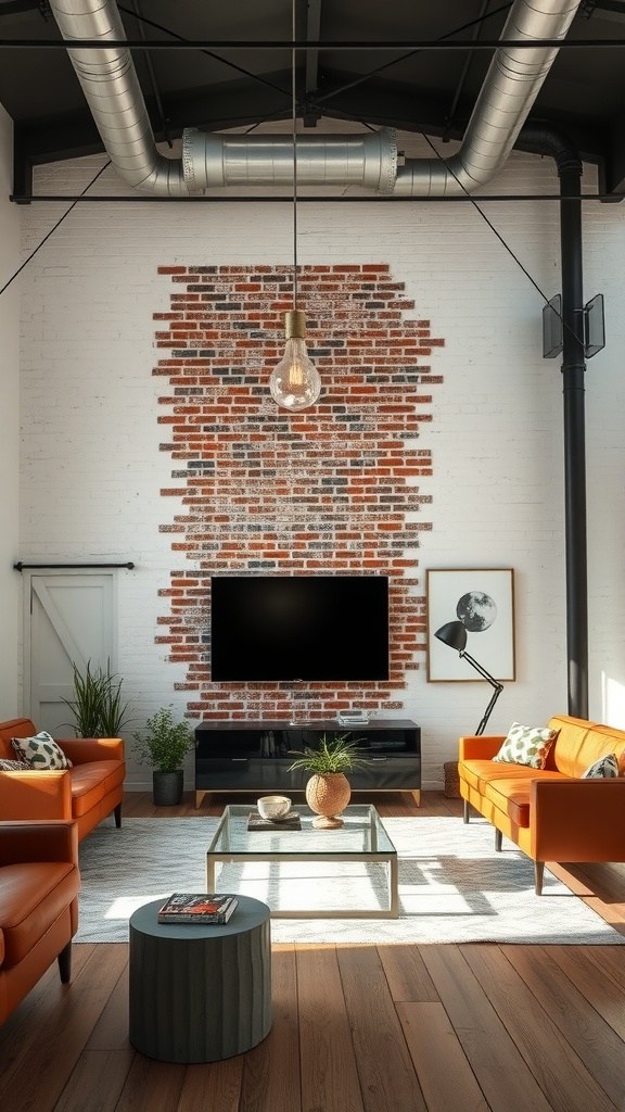 A sleek industrial style living room featuring an exposed brick wall, orange leather sofas, a glass coffee table, and stylish lighting.