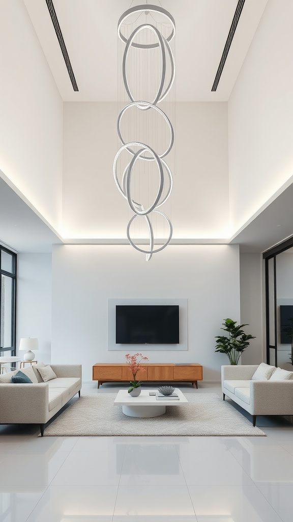 A modern living room featuring a sleek LED chandelier with multiple rings hanging from the ceiling, surrounded by contemporary furniture.