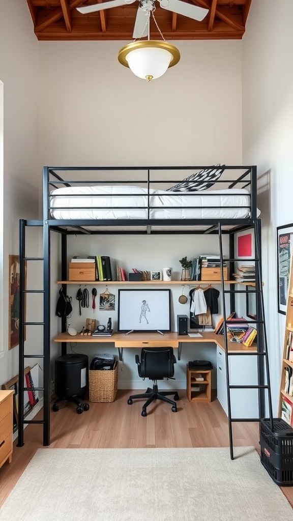 A sleek metal loft bed with an open space underneath, featuring a workspace and shelves.