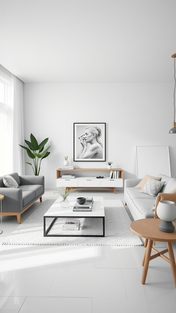 A minimalist grey and white living room featuring two grey sofas, a black and white artwork, a simple coffee table, and a potted plant.