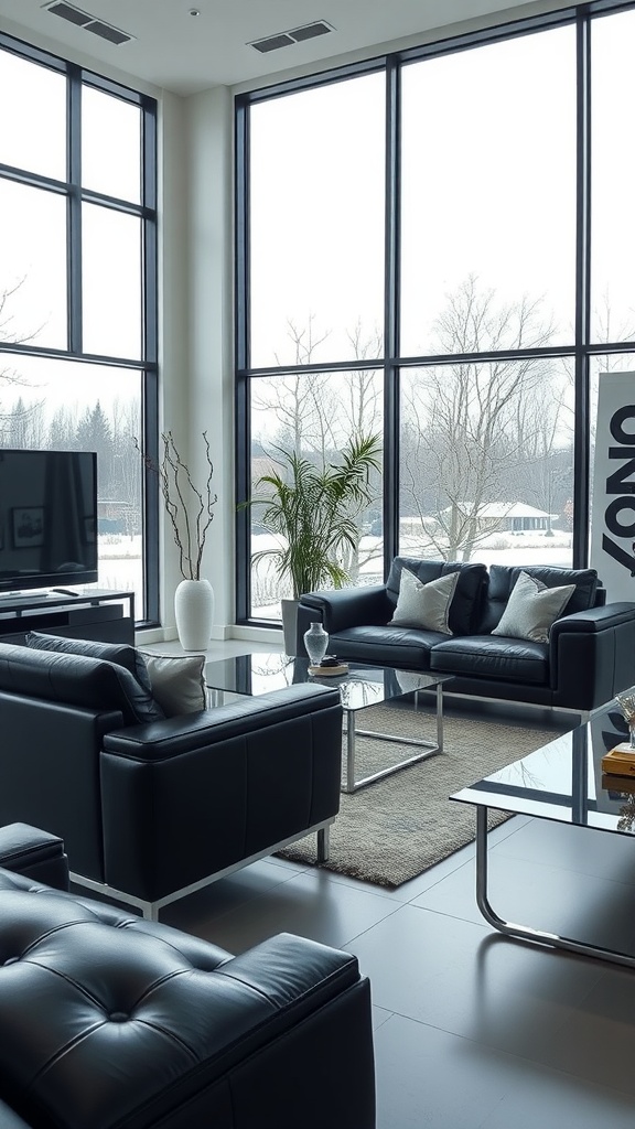 A modern black and silver living room featuring large windows, leather sofas, and a stylish coffee table.