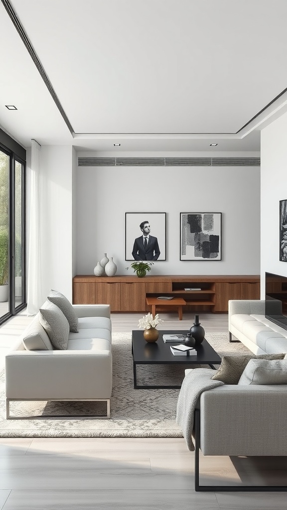 A modern living room featuring light-colored sofas, a dark coffee table, and minimalistic decor.