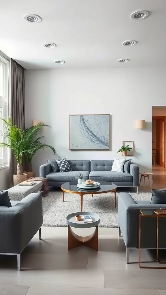 Modern living room with gray furniture and a plant