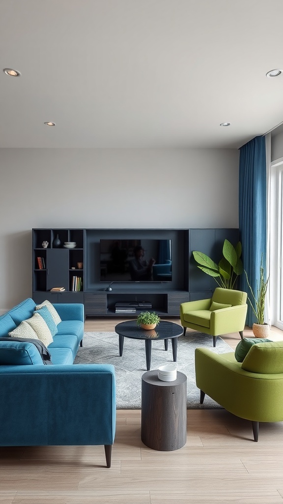 A modern living room featuring a blue sofa, green armchairs, a round coffee table, and a potted plant.