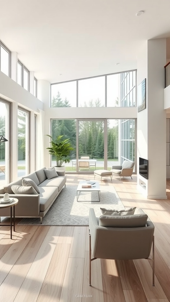 A modern minimalist living room with large windows, a gray sofa, and a potted plant.