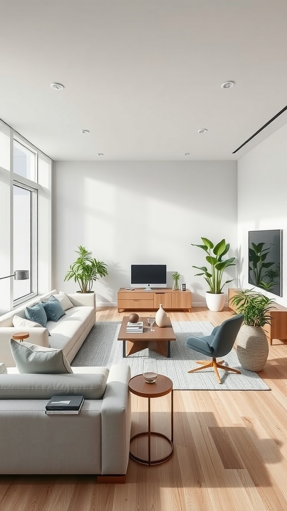 A modern sunken living room with a cozy workspace, featuring plants, a comfortable sofa, and a coffee table.