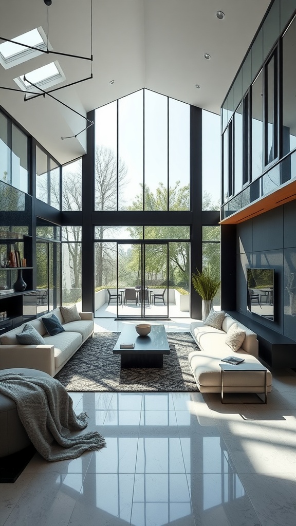 A modern sunken living room featuring large glass windows, minimalist furniture, and elegant decor.