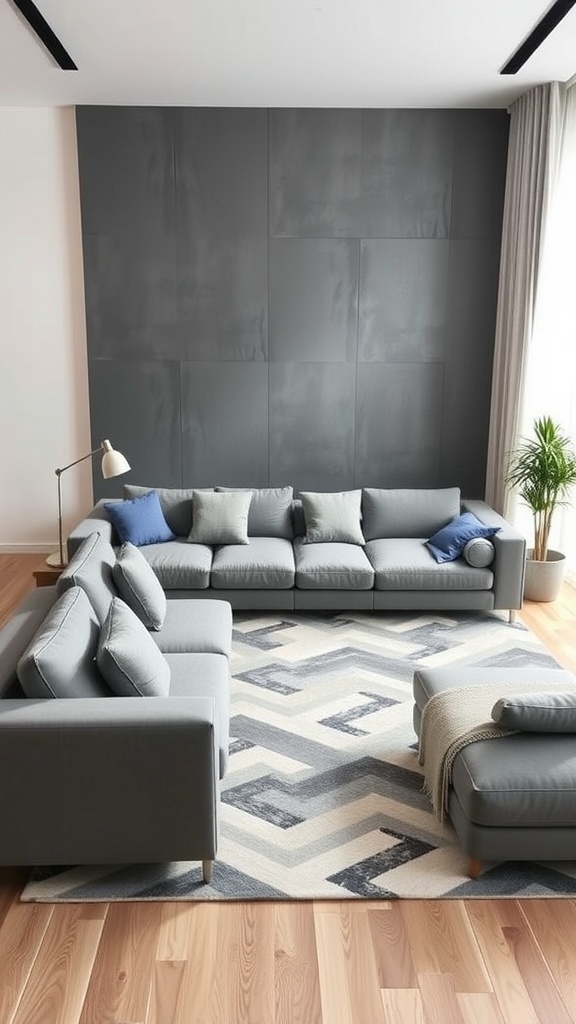 A modern gray modular sofa arranged with cushions in a stylish living room setting, complemented by a geometric rug and a dark wall.