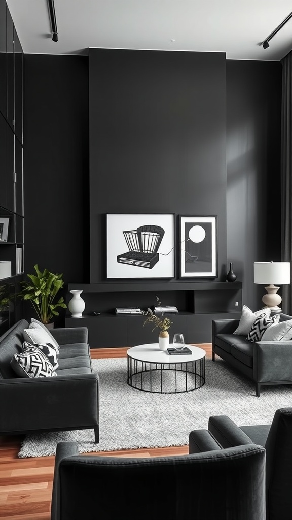 Modern living room featuring a sleek monochrome palette with gray seating, black and white artwork, and a circular coffee table.