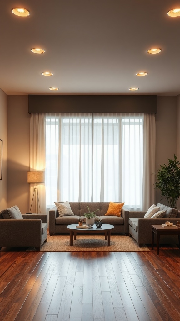 A living room with recessed lighting, featuring a cozy sofa arrangement and large windows with curtains.