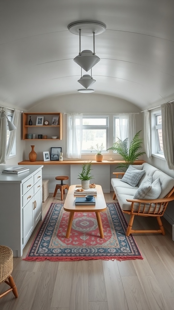 A sleek Scandinavian design living room in a trailer house with light colors, wooden accents, and plants.