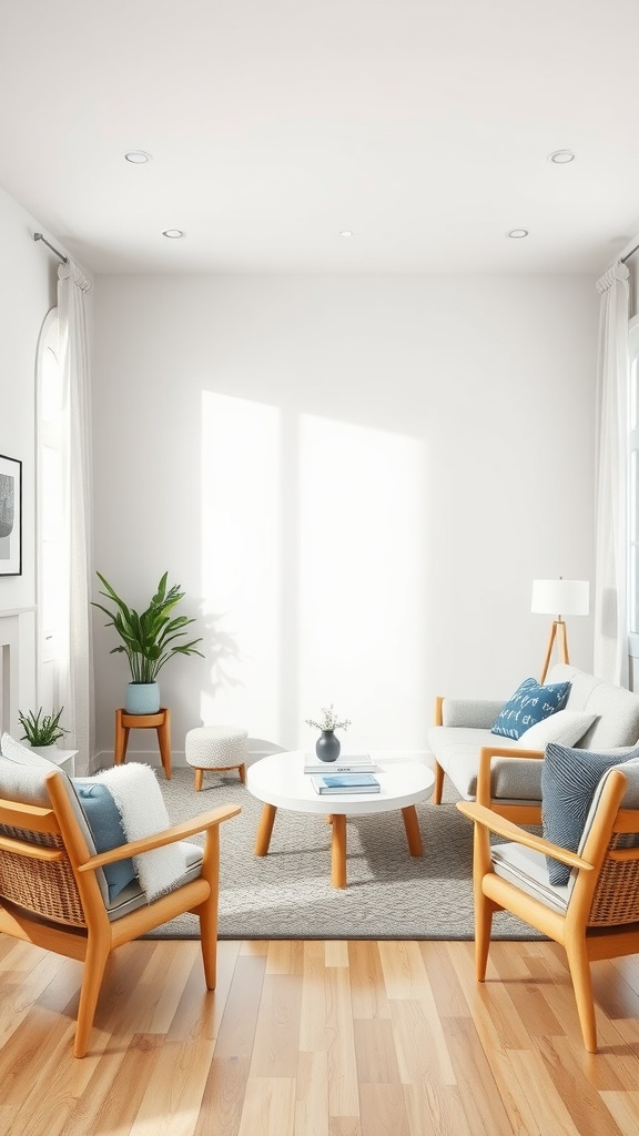 A stylish Scandinavian living room featuring light wooden furniture, a round coffee table, a soft rug, and a potted plant.