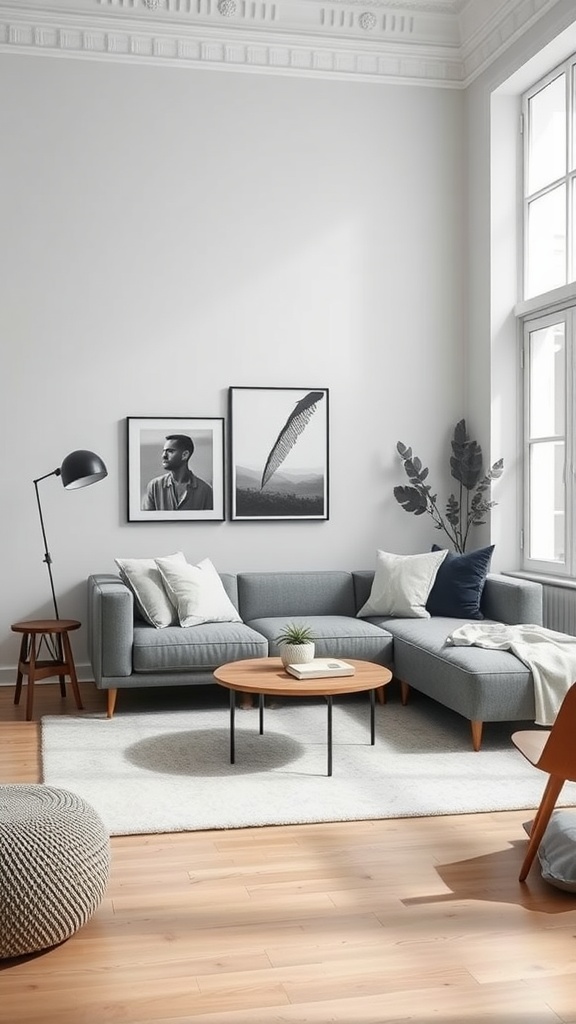 A stylish Scandinavian living room featuring a grey couch, wooden furniture, and minimalistic decor.