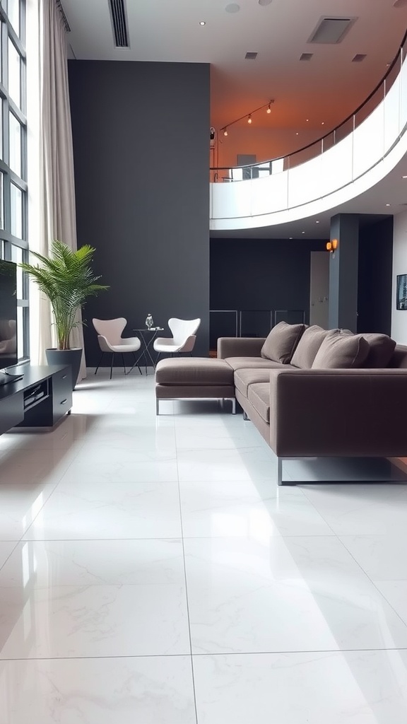 A modern living room featuring a sleek sectional sofa with chrome legs, large windows, and minimalist decor.