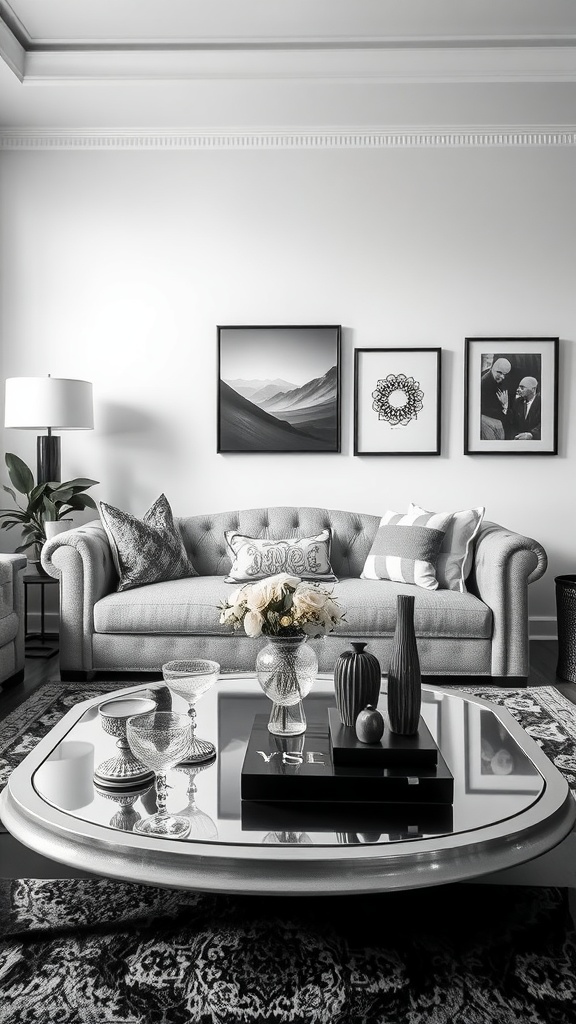 A stylish living room featuring a sleek silver coffee table with decorative items, a gray sofa, and black and white artwork.