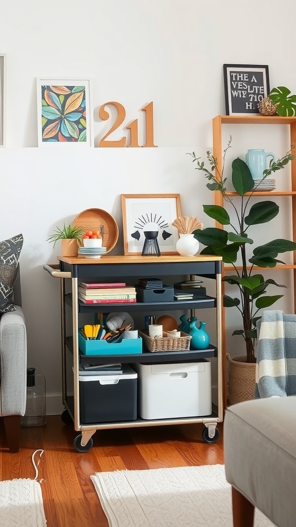 A stylish storage cart with various containers and items in a living room setting.