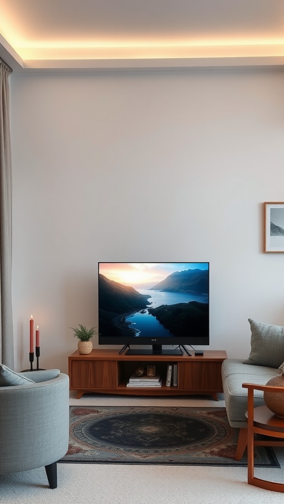 Small living room with a sleek TV placement on a wooden console, surrounded by comfortable furniture and soft lighting.