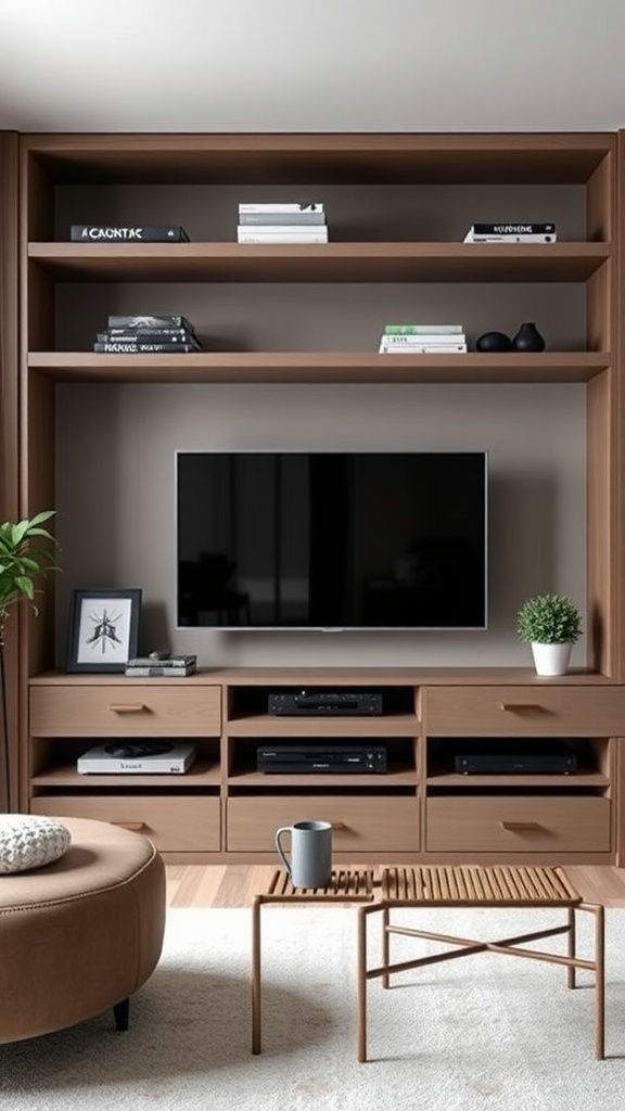 Sleek TV stand with built-in shelves and decorative items