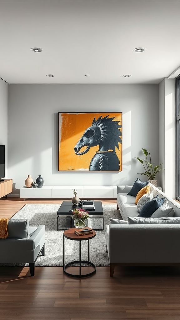 A sleek urban contemporary living room featuring gray sofas, a vibrant orange artwork, and a cozy, inviting atmosphere.