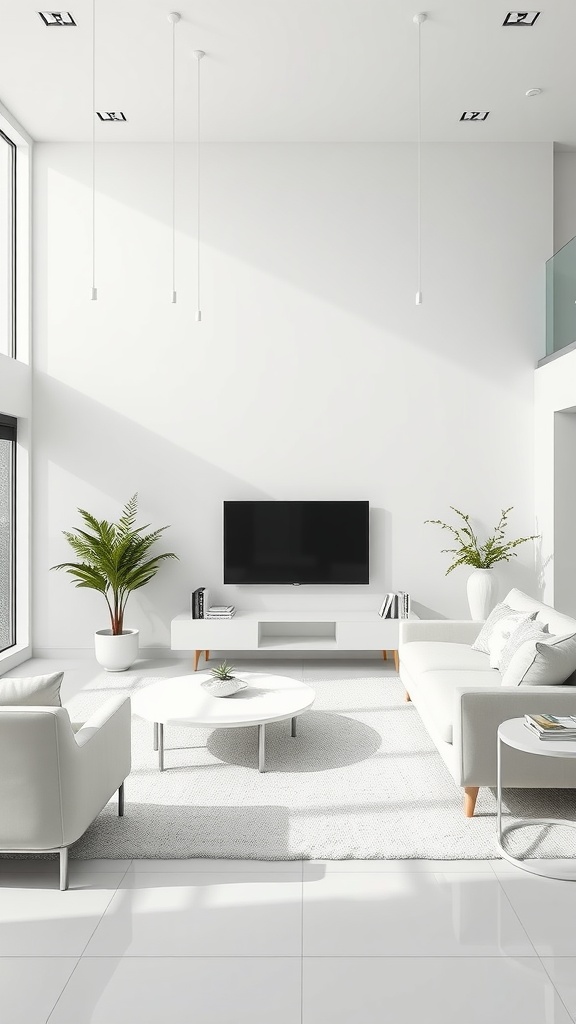 A sleek white modern living room with large windows, minimalist furniture, and indoor plants.