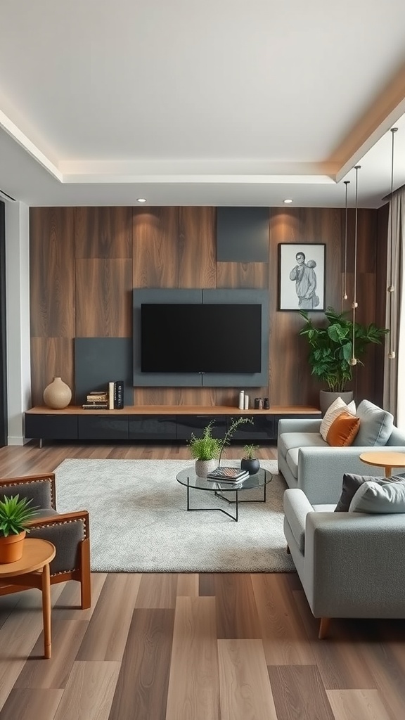 A modern living room with smart home features, showcasing a wall-mounted TV, comfortable seating, and stylish decor.