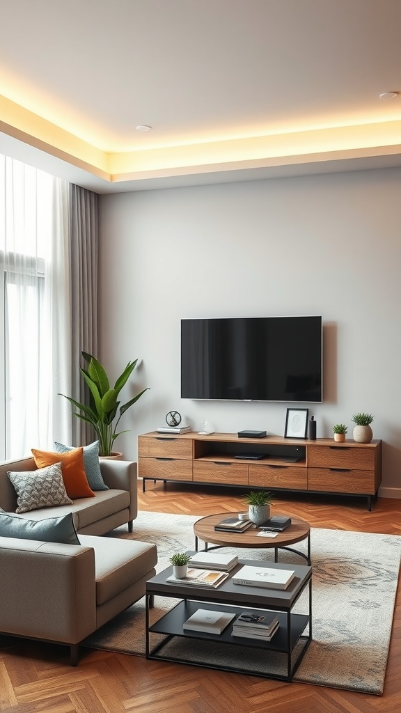 A modern living room with a sleek TV, stylish furniture, and cozy lighting, representing smart home integration.