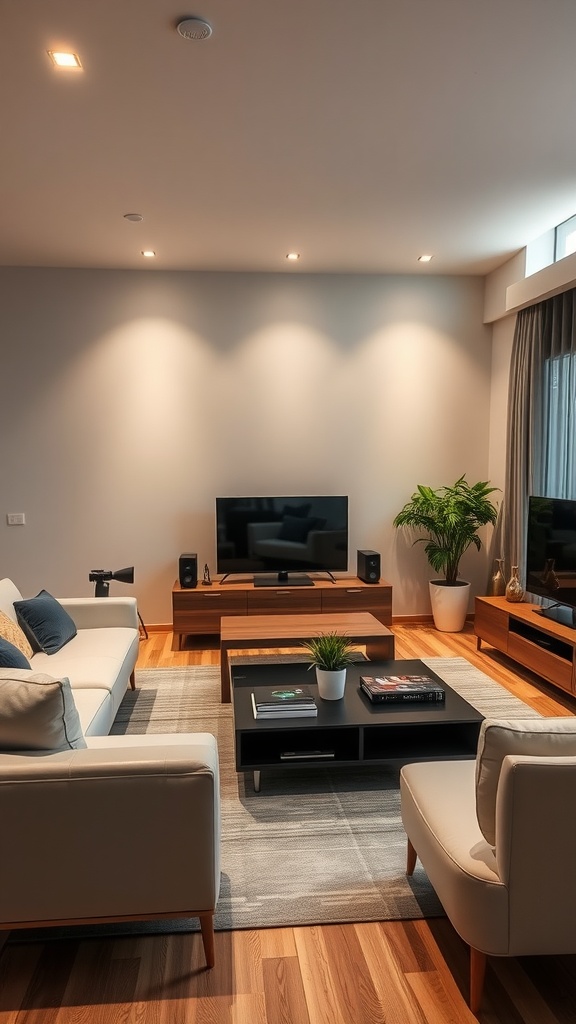 A stylish and modern living room with smart home integration features.