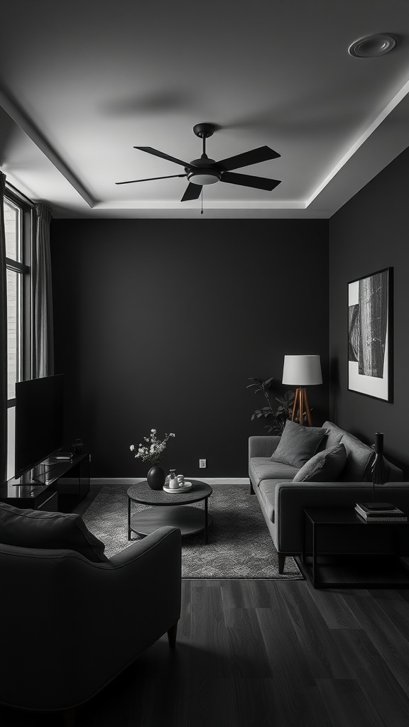 A cozy small black living room featuring a well-arranged layout with a sofa, armchair, coffee table, and decorative elements.