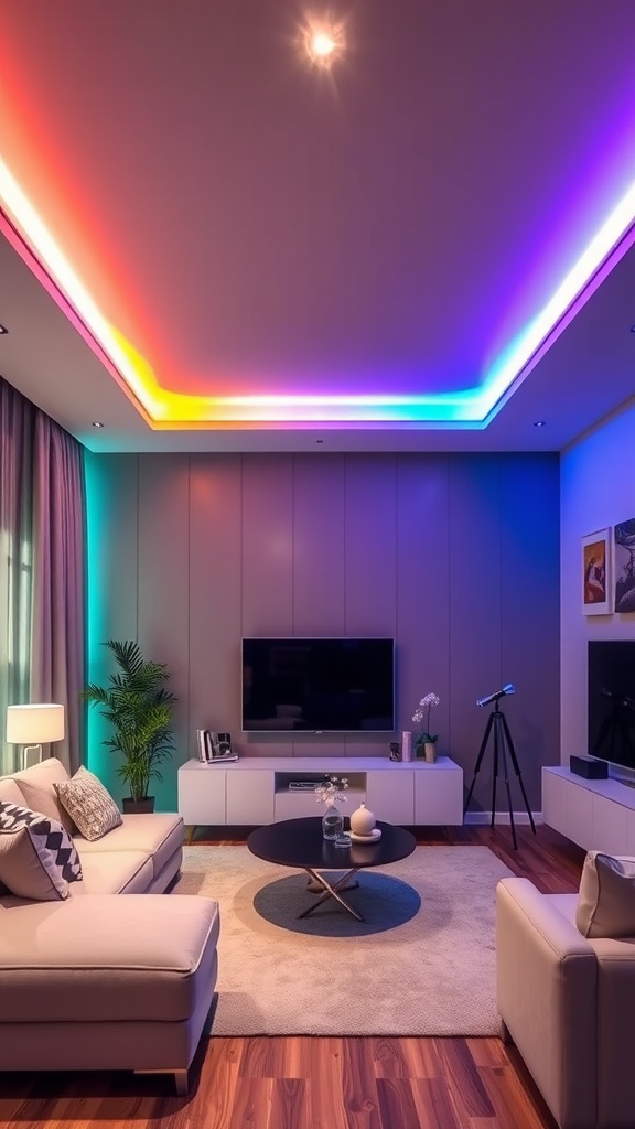 Living room featuring smart LED lights in various colors along the ceiling, creating a customizable ambiance.