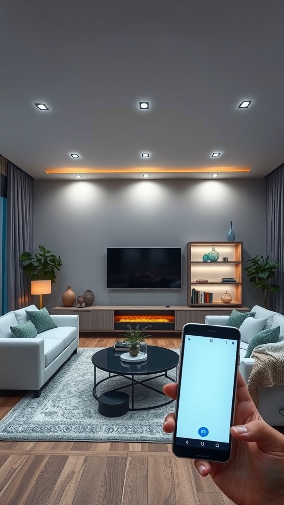 A cozy living room featuring smart lighting with a smartphone in hand.