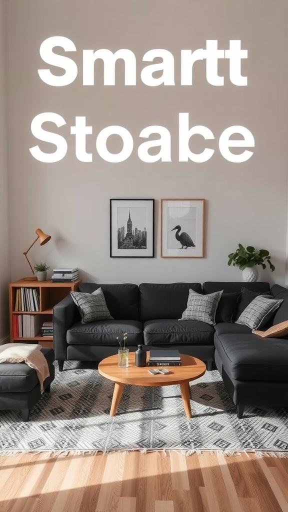 A modern living room featuring a black couch, a round coffee table, and wall art, designed for smart space utilization.