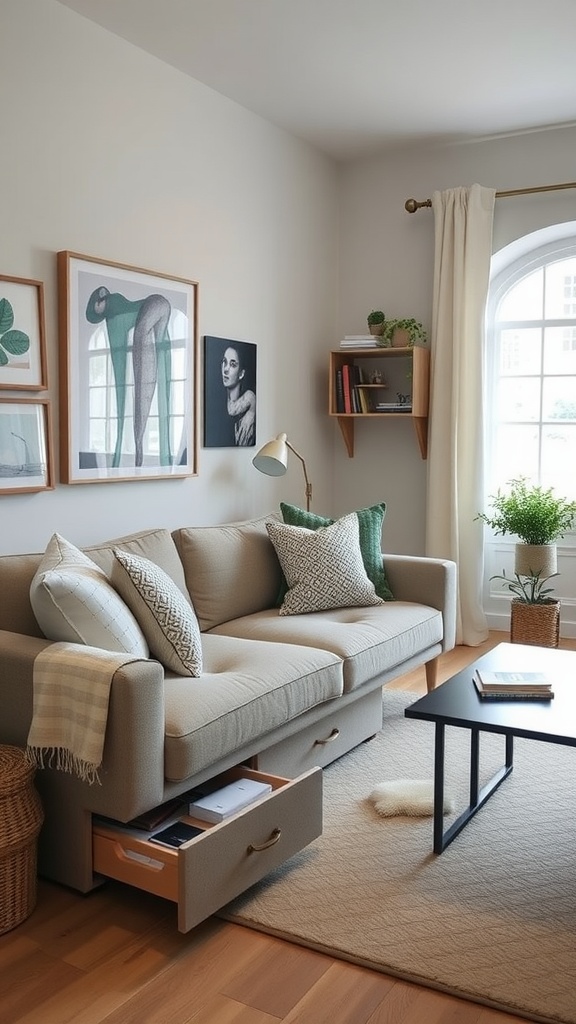 Cozy living room with a sofa featuring drawers and wall shelves for smart storage solutions