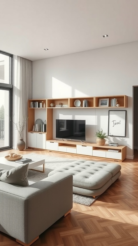 Minimalist living room with smart storage solutions and bright natural light