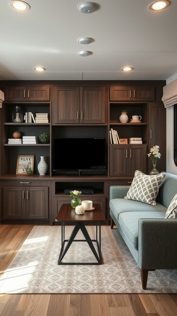 Cozy mobile home living room with smart storage solutions, featuring built-in cabinets and a stylish coffee table.