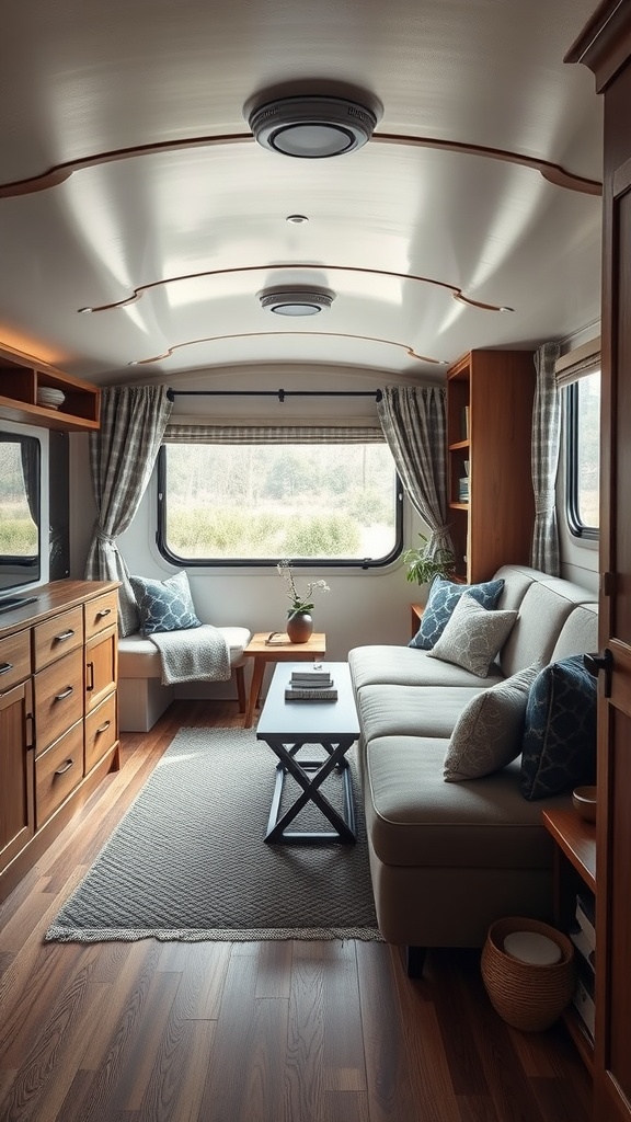 Cozy trailer living room with built-in storage and natural light.