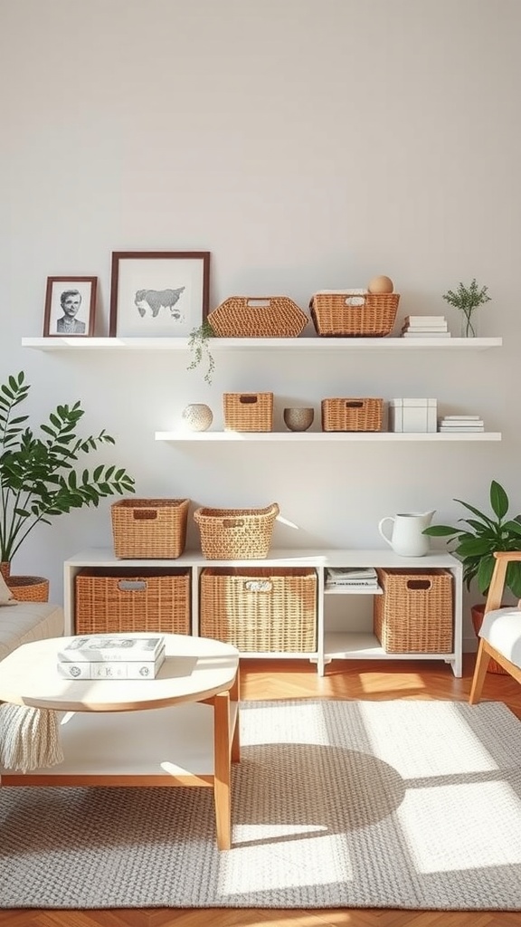 A bright living room with smart storage solutions including open shelves, woven baskets, and plants.