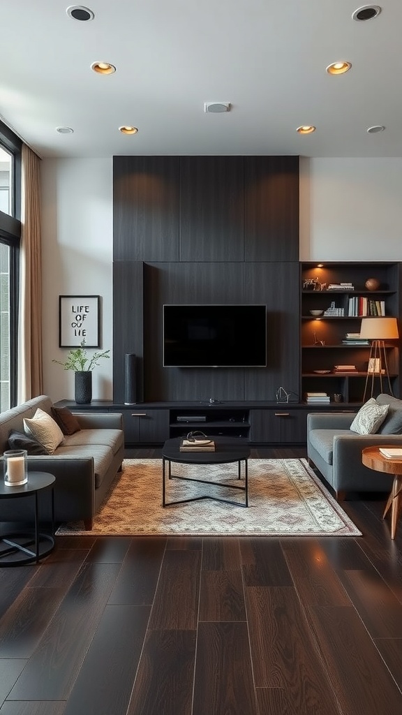 A modern living room featuring dark wood flooring, built-in shelves, and stylish furniture arrangements.