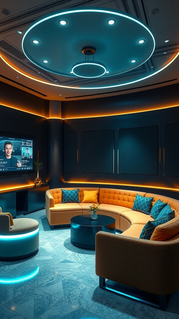 A modern living room with a circular conversation pit, stylish lighting, and a wall-mounted TV.