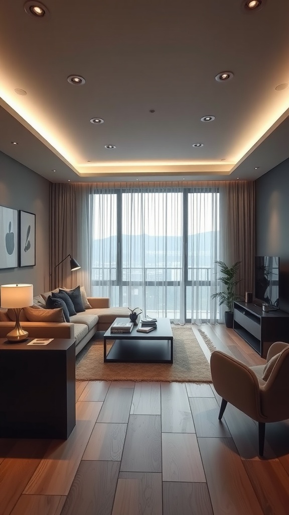 Modern living room with smart technology, featuring large windows, stylish furniture, and smart lighting