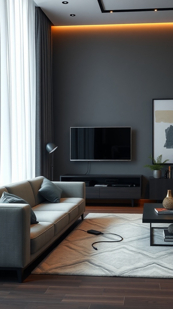 A modern living room featuring a gray sofa, a TV, and elegant decor.