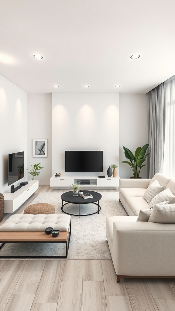 A modern off-white living room featuring smart technology integration with a TV, plant decor, and cozy furniture.