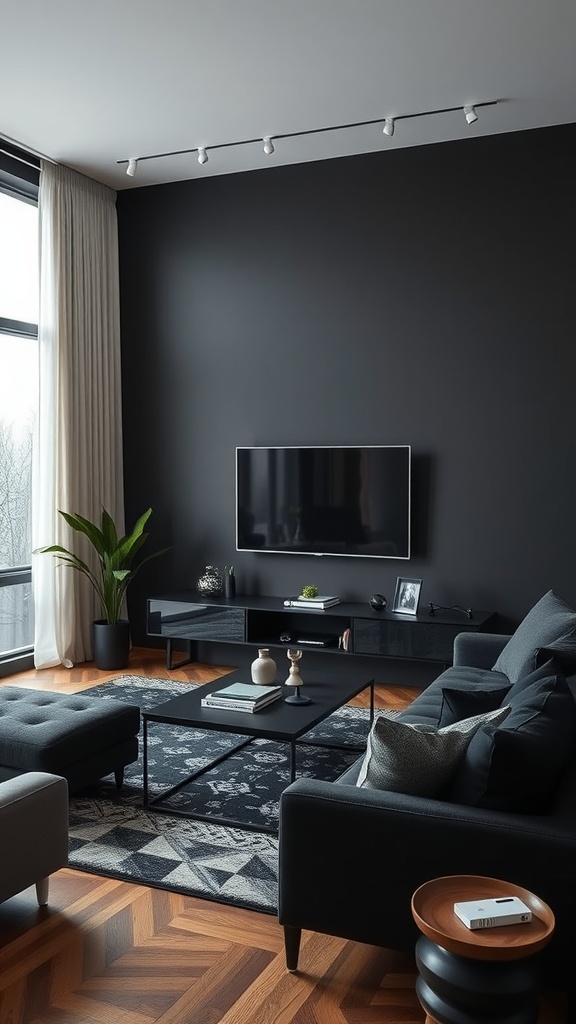 A modern black living room featuring smart technology integration with a sleek TV and track lighting