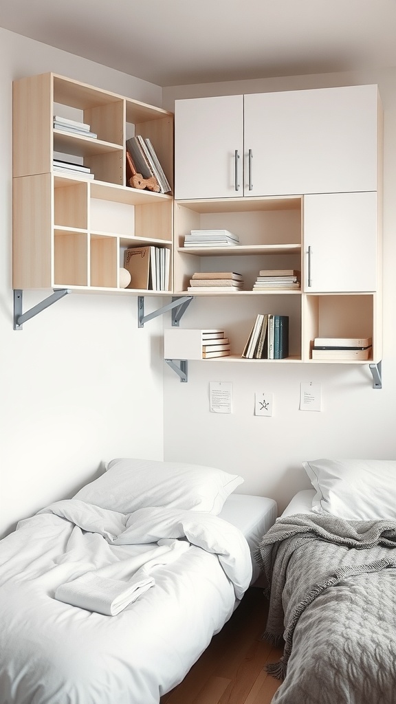 A small shared bedroom featuring wall-mounted shelving for smart vertical storage above two beds.