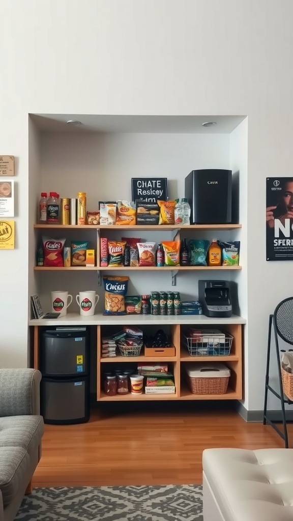 Dorm snack station with organized shelves of snacks, a fridge, and a coffee maker.